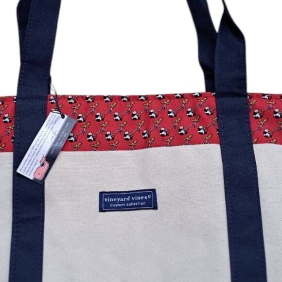 Vineyard Vines Canvas Shopping Travel Tote Red Vaneck Branded Large - Picture 6 of 7